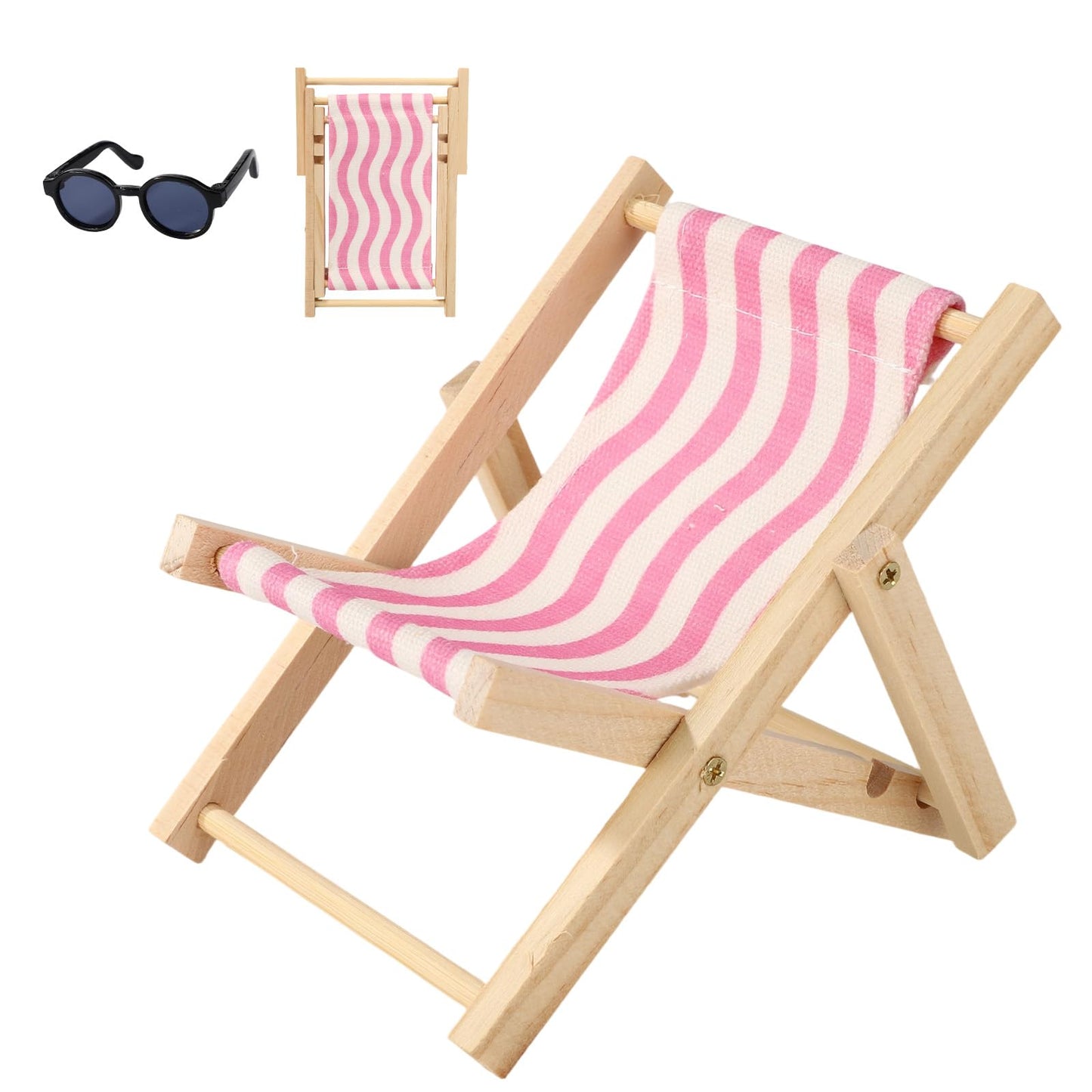 6.69 Inch Doll Accessories Set, Wooden Mini Folding Beach Chair Plastic Miniature Sunglasses For Doll Decorations Dollhouse