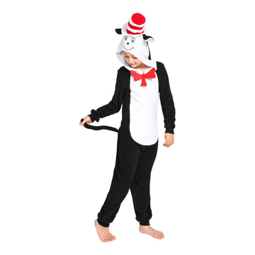 Wizland The Cat In The Hat Costume Onesie Kids Dr Seuss,One Piece Plush Animal Jumpsuit, Halloween Christmas Cosplay Costumes Boys&Girls Sleepwear, Detachable Tail And Hat 12-14