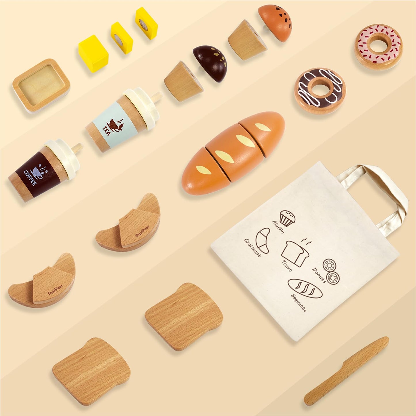 Pairpear Wooden Bakery Toy Food Playset,Kids Pretend Play Food Kitchen Accessories With Shopping Bag,Toddlers Cutting Food Gift