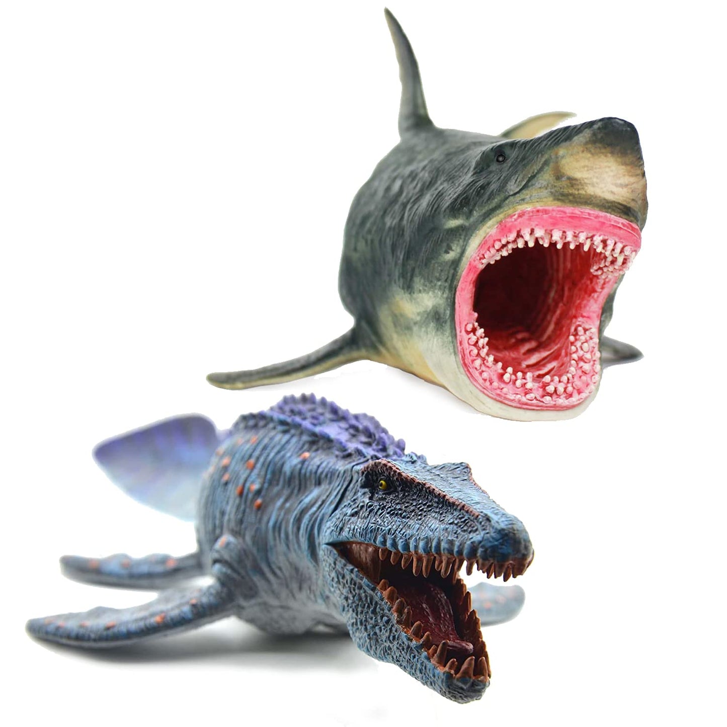 Gemini&Genius Mosasaurus And Megalodon Figurine Toy Set, Dinosaurs Toys With Movable Jaw- 13 Inches Length, Gifts For Kids Or Dino Lovers