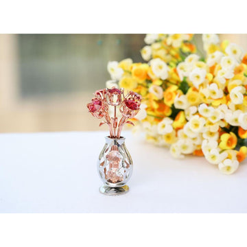 Matashi Gift For Her - Flowers Bouquet In Vase Ornament With Red Crystals, Gift Basket Ideas For Women - Rose Gold Plated Flower Gift For Women On Valentine'S Day