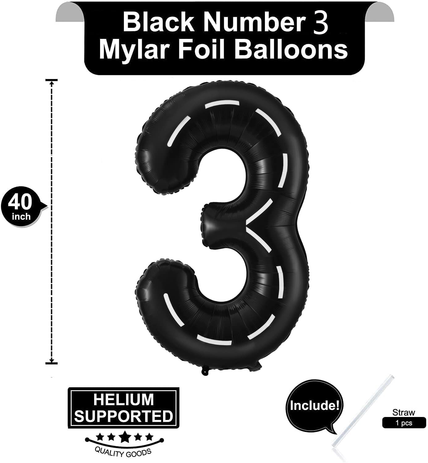 BBPOOL Race Car Number 3 Balloons, 40 Inch Mylar Racing Car Birthday Party Decor, Black 3 Balloon for Cars Theme