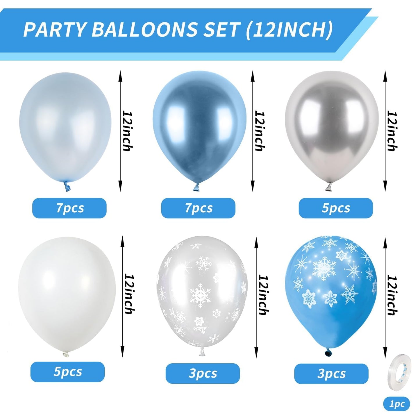 Frozen Snowflake Balloon, 12 Inch Frozen Ice Snow Blue White Balloons Pearl Blue Metallic Blue Silver For Winter Wonderland Them