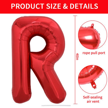 Toniful 40 Inch Large Bright Red Letter Balloons A-Z, Giant Jumbo Helium Foil Mylar Big Letter R Balloons For Birthday Party Ann
