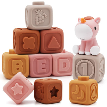 Nueplay 7 Pcs Soft Building Blocks, Montessori Sensory Stacking Squeeze Toys With Horse Figure, Early Educational Toy For 6 12 18 Months Baby Toddler Boys Girls