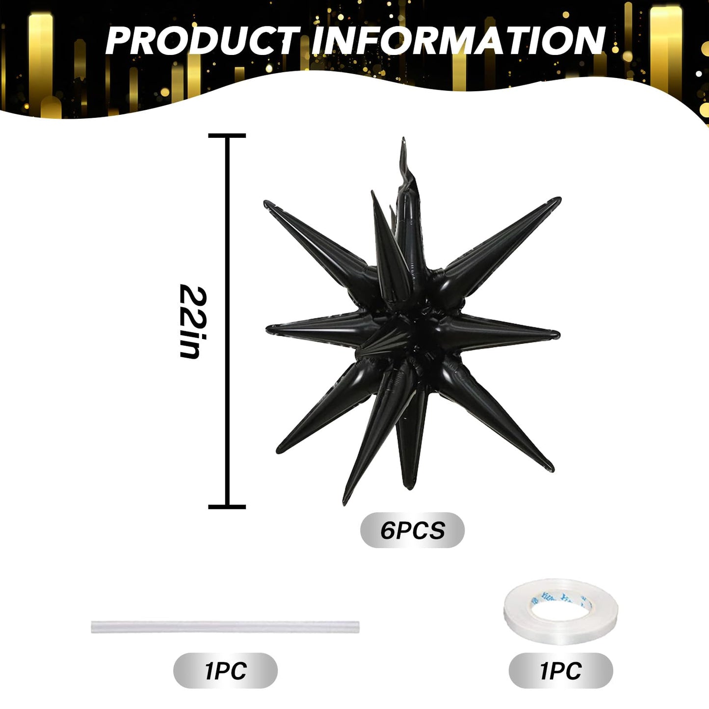 6PCS Star Balloons, 22Inch Large Black Star Balloon Explosion Foil Balloons Cone Spike Balloon for Birthday Graduation Wedding A