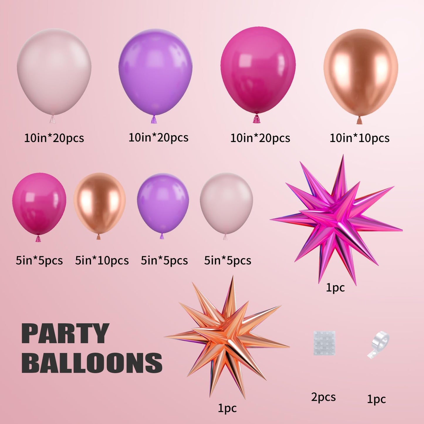 Pink Purple Balloon Arch Kit, Pink Purple Balloon Garland With Rose Red Pink Purple Rose Gold Latex Balloons And Star Foil Ballo