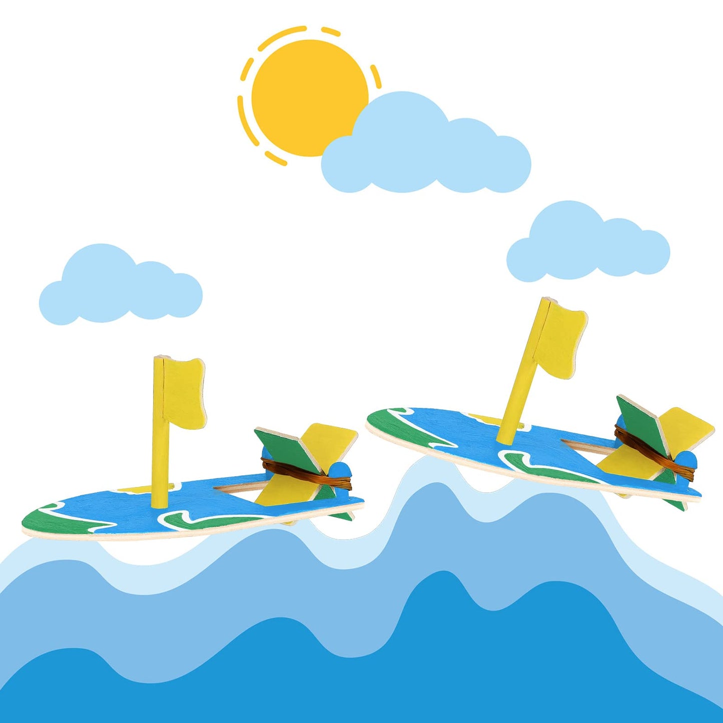 Deekin 24 Pcs DIY Toy Wooden Boats Kit for Crafts Bulk Mini Sailboat Model Rubber Band Paddle Boat Craft Paint Toys for Kids Bir