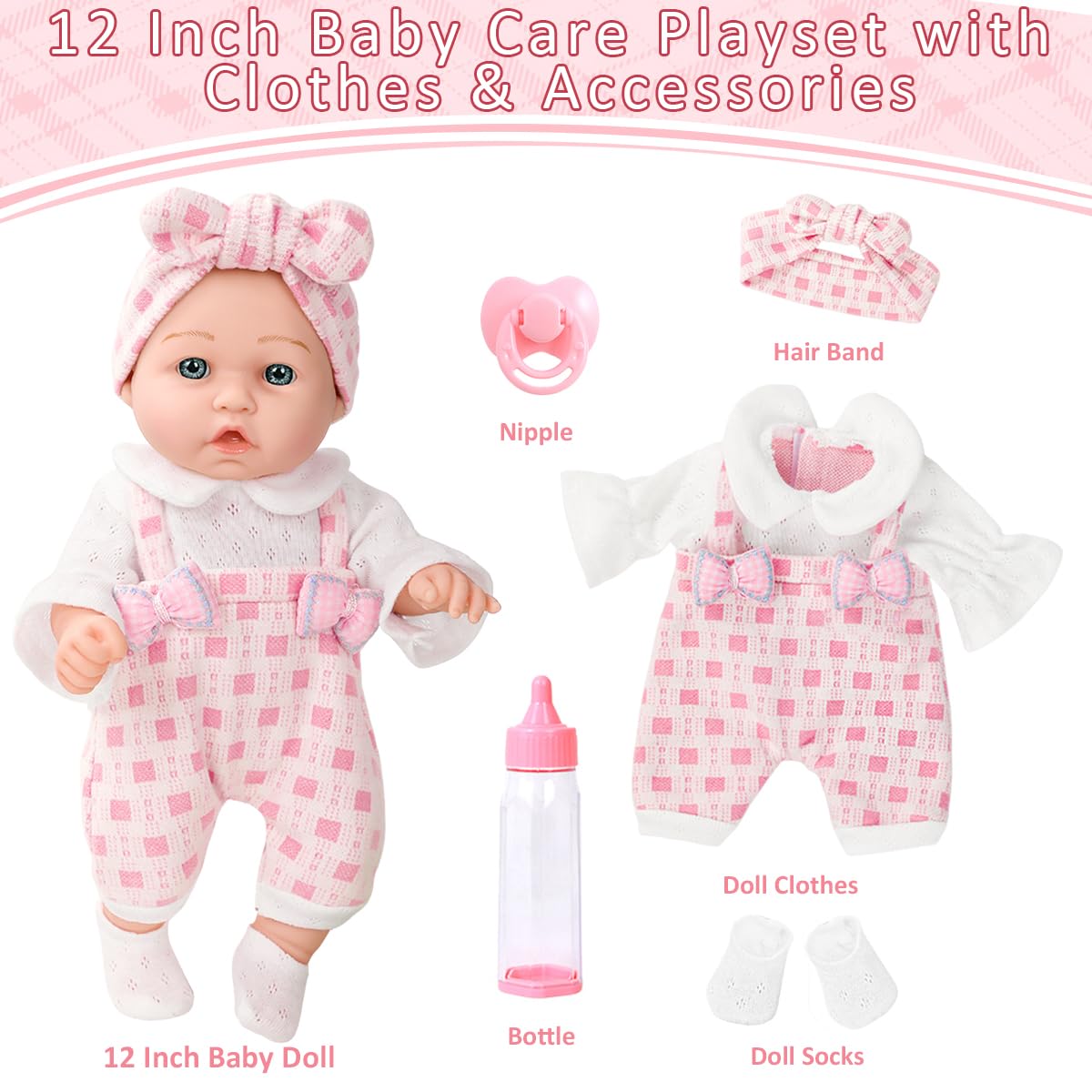 12 Girl Baby Doll Playset with Accessories and Clothes in Gift Box for Little Girls,12 Inch Small Realistic Baby Dolls Pacifier