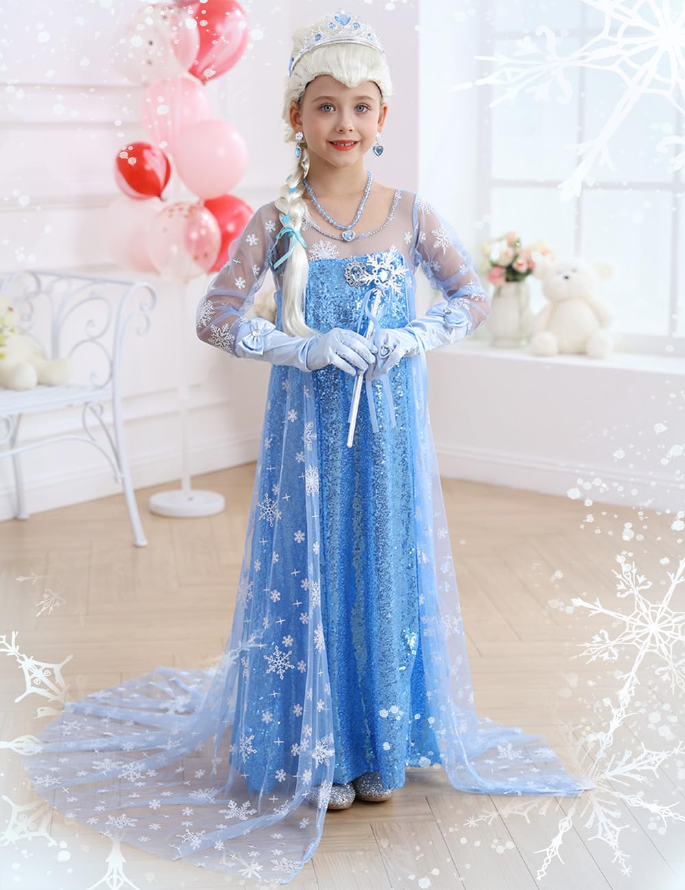 Zaisuifun Princess Elsa Dress For Girls Kids Sequin Costume Halloween Birthday Party Dress Up With Accessories, 7-8 Years(Tag 15