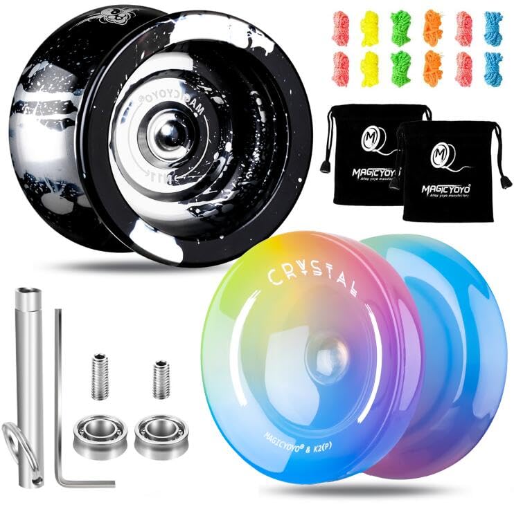 Magicyoyo Pack Of 2 Responsive Yoyos - N11 Black Silver + K2 Blue Pink Yellow Fingerspin Yoyo For Kids Beginners, Dual Purpose Yoyos With Unresponsive Yoyo Bearings Kit + 2 Yoyo Bags +12 Yoyo Strings