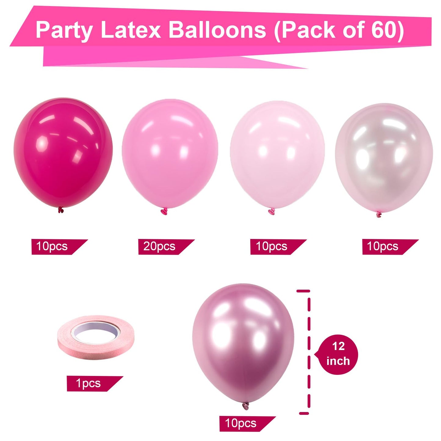 Bezente Pink Balloons Set, 60pcs 12" Metallic & Latex Balloons for Birthday, Wedding, Baby Shower - Multiple Pink Colors