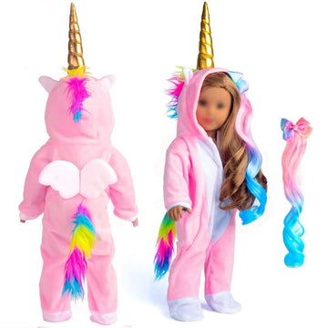 sweet dolly 18 Inch Doll Clothes Unicorn Onesie Pajamas Rainbow Color Hair Bow Clips Costume Fits 18 Inch Doll (Doll Not Include