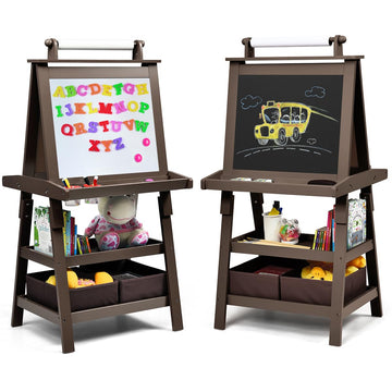 Honey Joy Art Easel For Kids, 3-In-1 Double-Sided Wooden Toddler Easel W/Magnetic White Board & Chalkboard, Paper Roll, 2 Storage Bins, Painting Dry Erase, Kids Easel For Boys Girls Aged 3+ (Coffee)