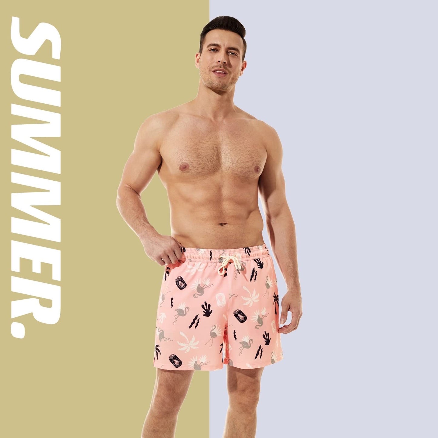 BRISIRA Swim Trunks Men Quick Dry Swim Shorts 5 inch Inseam Stretch Water Beach Shorts with compression Liner Zipper Pocket Pink