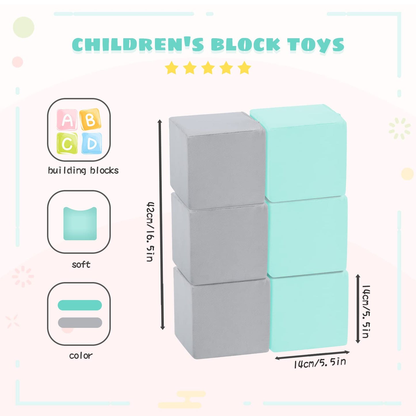 TRENDBOX 6 Pcs Toddler Foam Blocks, 5.5inch Soft Foam Cubes with Detachable Washable Cover, Soft Play Blocks for Toddlers and Ki