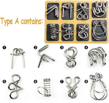 Tanch 16 Pcs Type A+B Different Brain Teaser Metal Wire Puzzles Iq Challenge Magic Trick Unlinking & Linking Game Toys For Kids