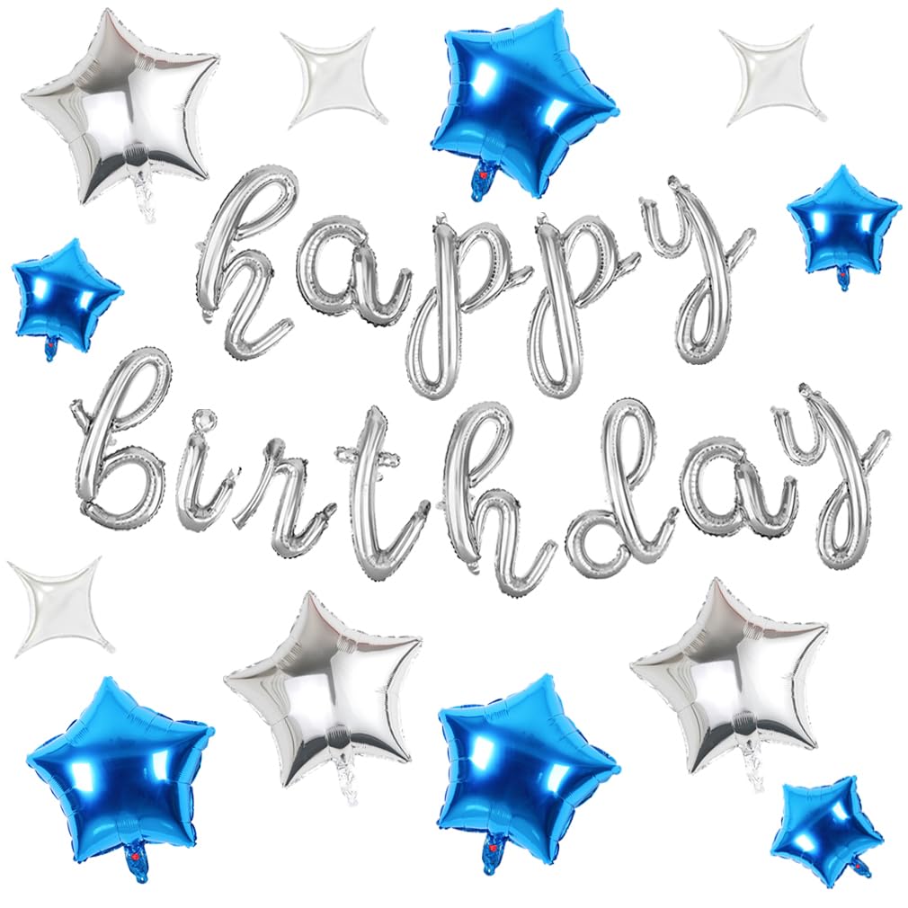 Happy Birthday Banner Script Silver Letter Sign With 12 Pcs Blue Silver Star Foil Mylar Balloon For Birthday Party Decoration