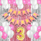 Mystic Toy Store 3Rd Birthday Decoration Items For Girls With Pink And White Balloons, Happy Birthday Banner, Silver Foil Curtai