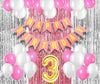 Mystic Toy Store 3Rd Birthday Decoration Items For Girls With Pink And White Balloons, Happy Birthday Banner, Silver Foil Curtai