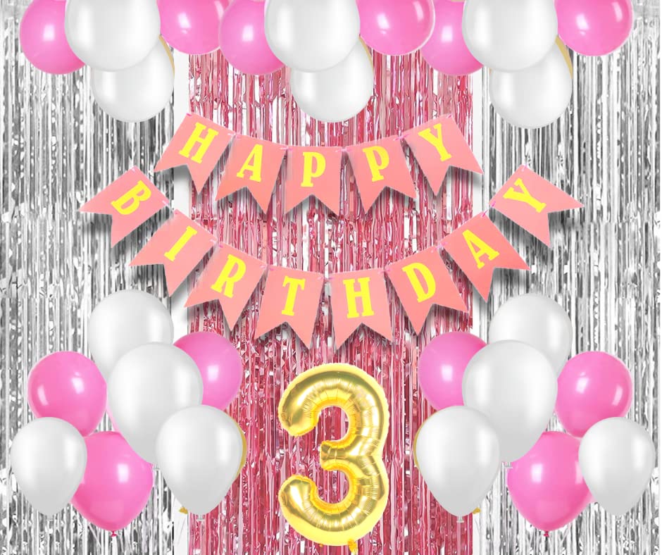 Mystic Toy Store 3Rd Birthday Decoration Items For Girls With Pink And White Balloons, Happy Birthday Banner, Silver Foil Curtai