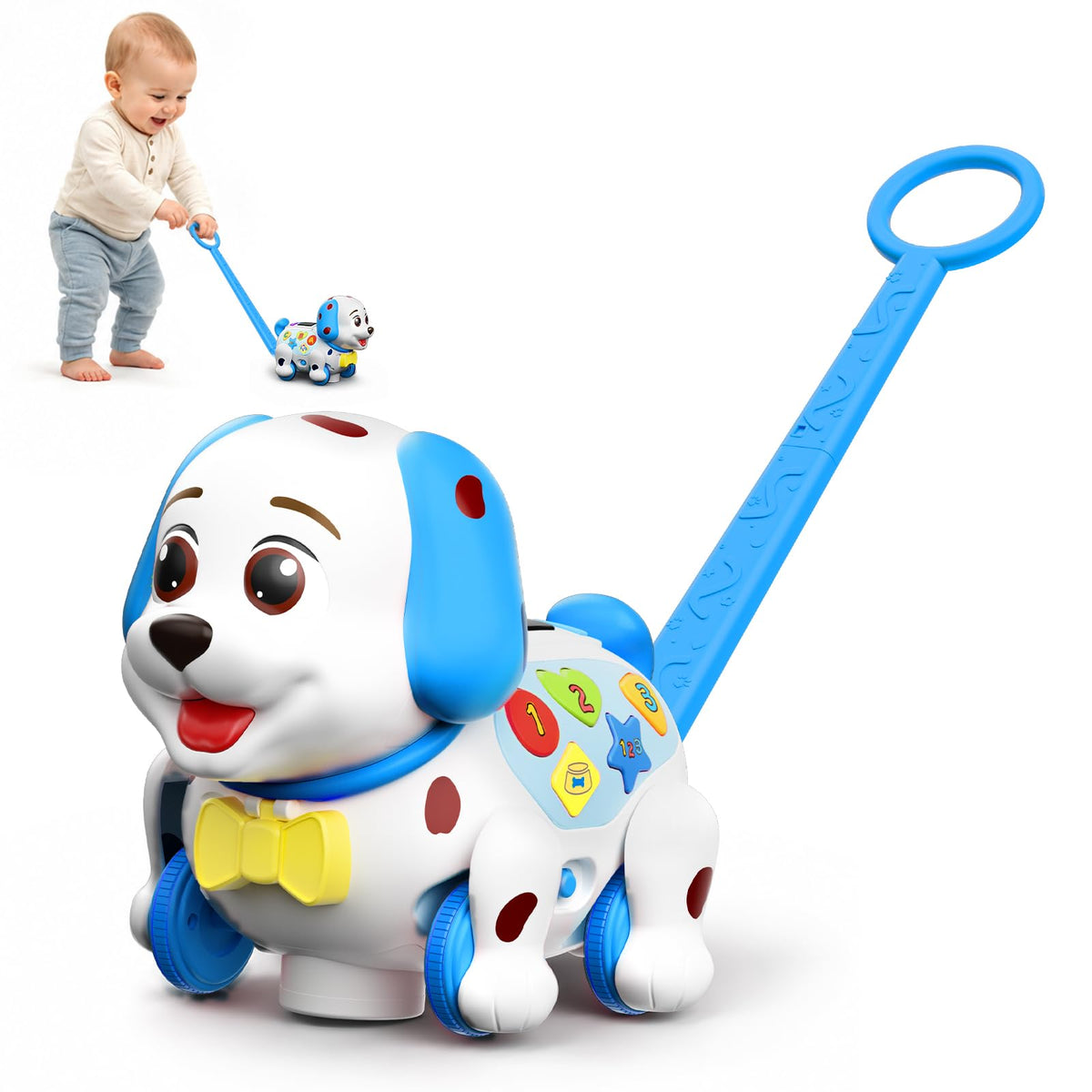 Push Along Puppy Toys for 1 2 Year Old Boy Gifts, Musical Educational Toy with Detachable Handle, LED Display, Bilingual ABC 123