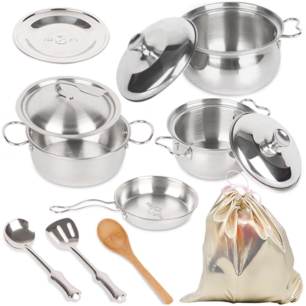 Pretend Play Kitchen Cooking Toys with Stainless Steel Cookware Play Pots and Pans Set