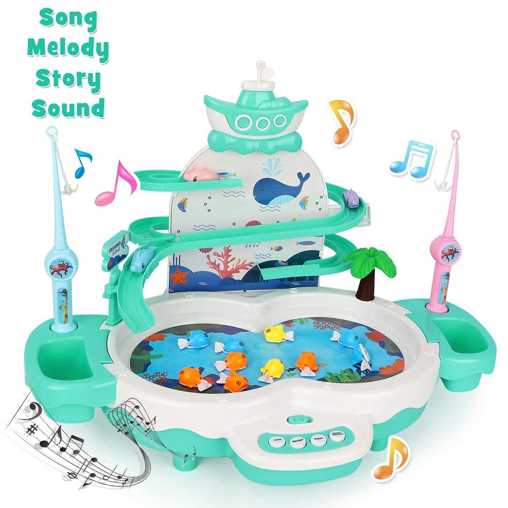 Magnetic Baby Fishing Toy Set, 3 In 1 Fishing Game For Toddlers & Kids With Slideway & Music Story, 10 Fish, 3 Dolphins, 2 Toy F