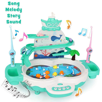 Magnetic Baby Fishing Toy Set, 3 In 1 Fishing Game For Toddlers & Kids With Slideway & Music Story, 10 Fish, 3 Dolphins, 2 Toy F
