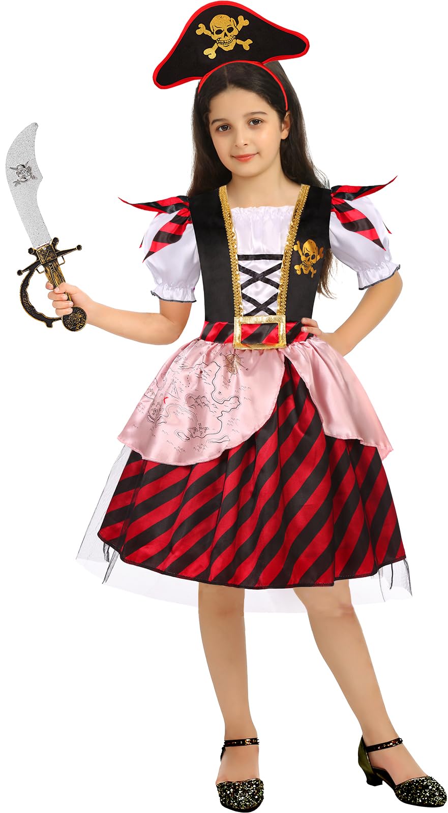 Girls Pirate Costume Buccaneer Princess Costume For Halloween Party Dress Up (7-9 Years)