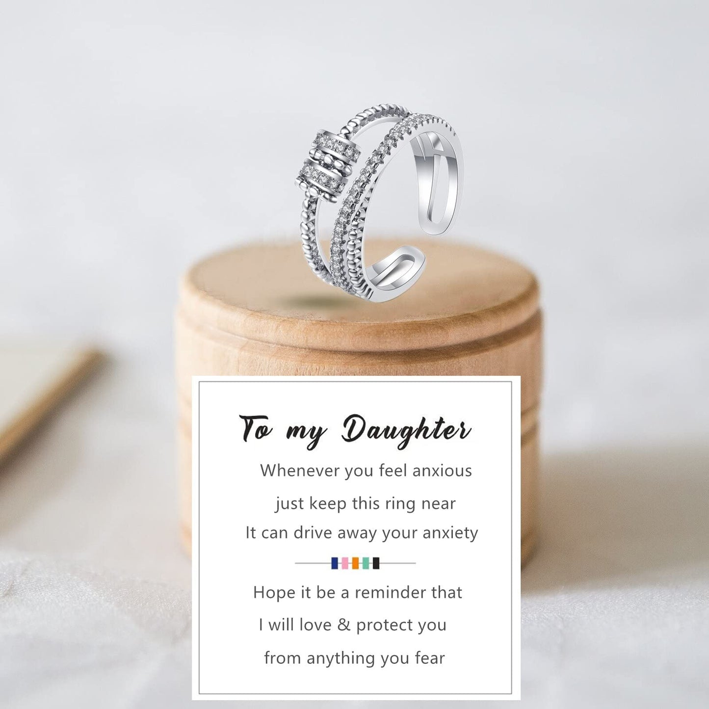 Anxiety Ring For Daughter, 18K White Gold Fidget Ring For Daughter From Mom To My Daughter Cubic Zirconia Adjustable Thumb Stres