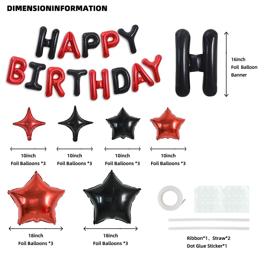 TONIFUL 35PCS 16 Inch Black Red Happy Birthday Balloon Black Red Happy Birthday Balloons Decorations with Star Balloons for Girl