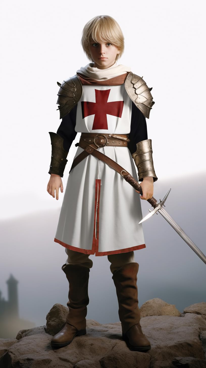 Vzqi Kids Crusader Costume White Medieval Knight Tunic Boys Outfit Renaissance Roman Warrior Costume Halloween With Belts S