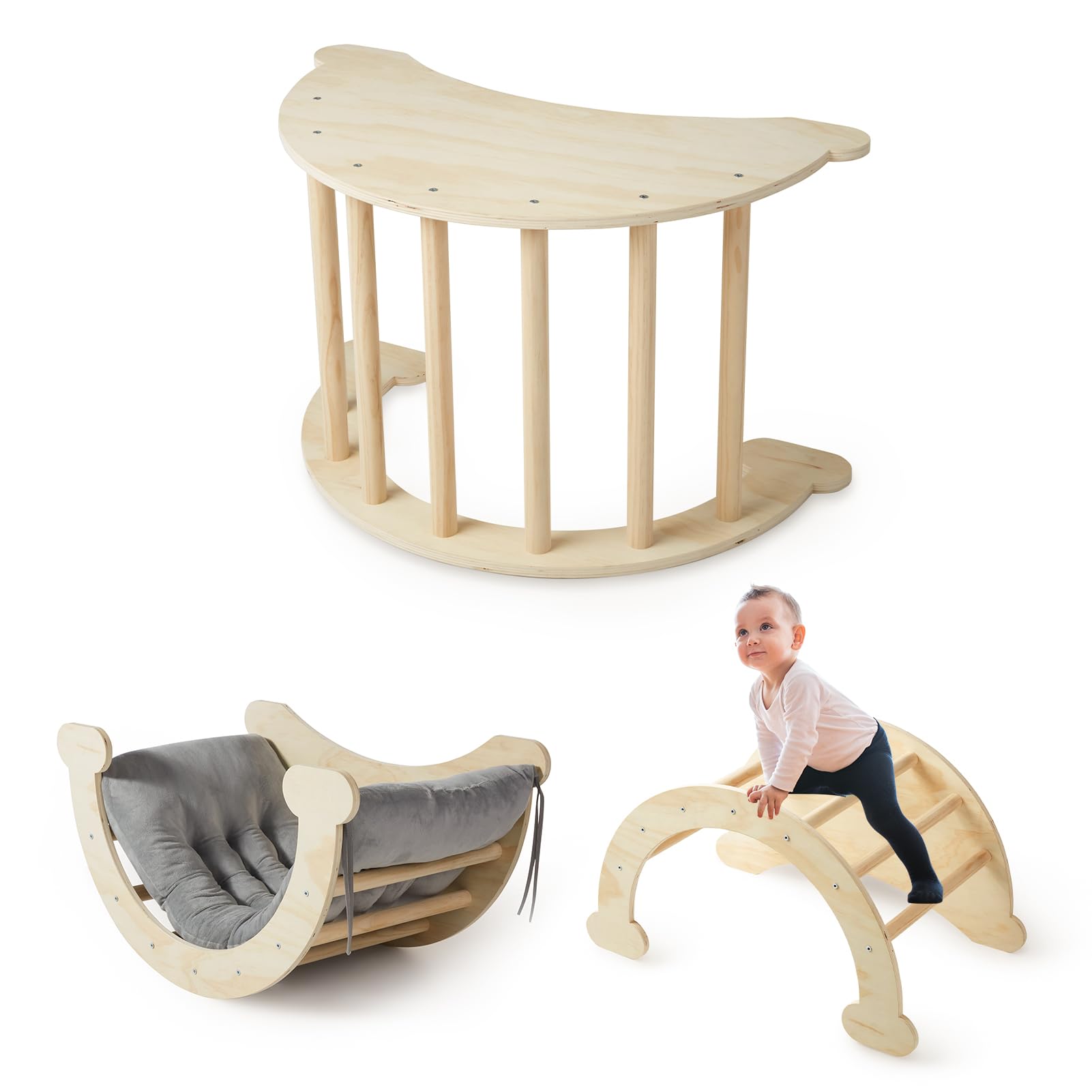 HIGOGO 3 in 1 Climbing Arch with Cushion Toddler Rocker Table, Wooden Play Gym Montessori Toys for Toddler, 1-5 Years Kids Indoo