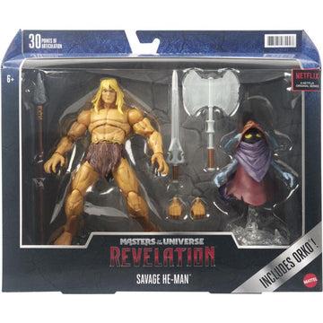 Masters of the Universe Masterverse Revelation Savage He-Man Action Figure with 30+ Articulated Joints  3   Harness & Orko Figure with Floating Base  7-inch Motu Collectible Gift