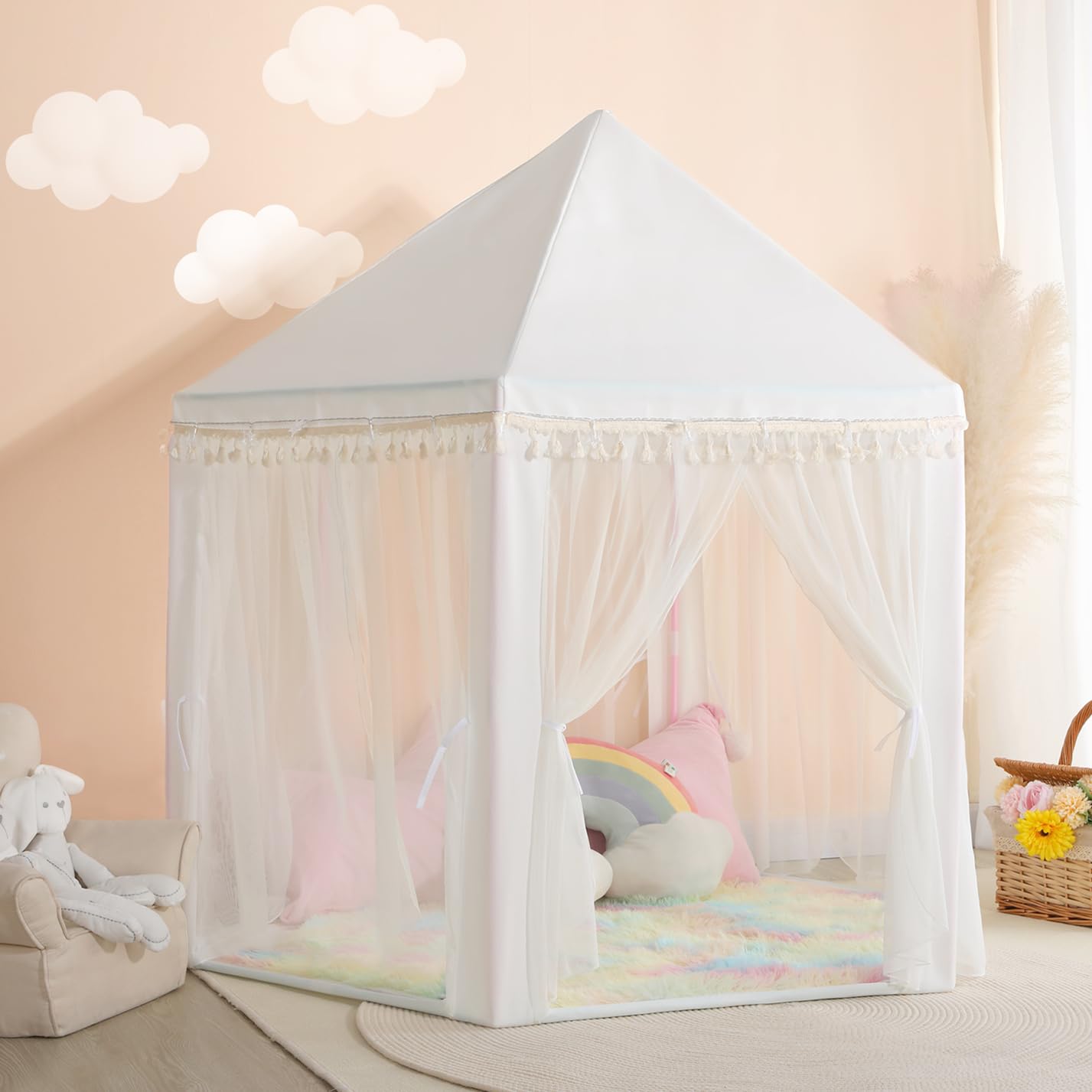 Senodeer Princess Tent For Girls Indoor: With Rainbow Rug, Star Lights - White Play Tent For Kids, Girls Toys For Indoor Princess Games