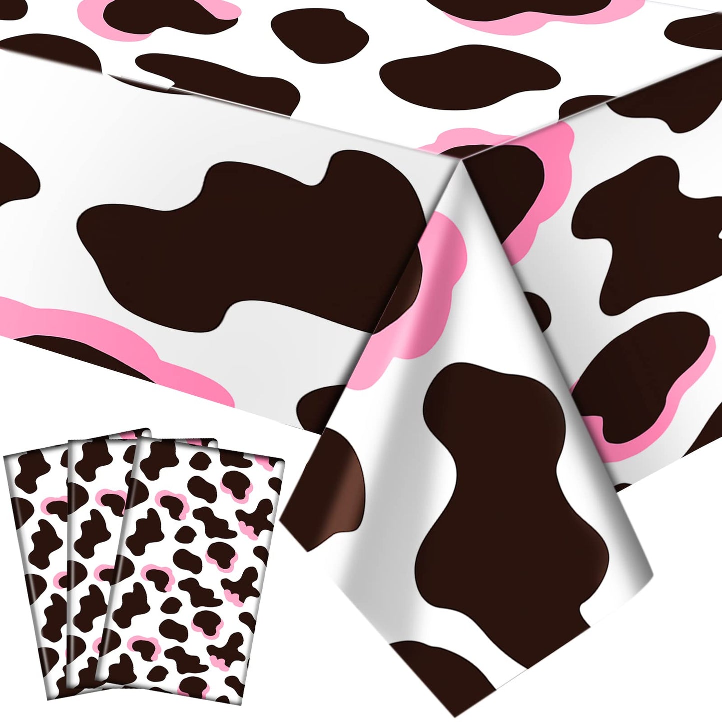 3 Pcs Pink Cowgirl Cow Print Table Cover Plastic Rectangle Cowgirl Farm Animal Theme Party Tablecloth Pink Black and White Cow P