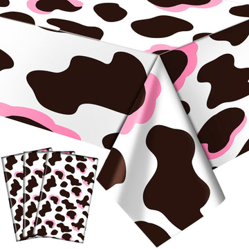 3 Pcs Pink Cowgirl Cow Print Table Cover Plastic Rectangle Cowgirl Farm Animal Theme Party Tablecloth Pink Black and White Cow P