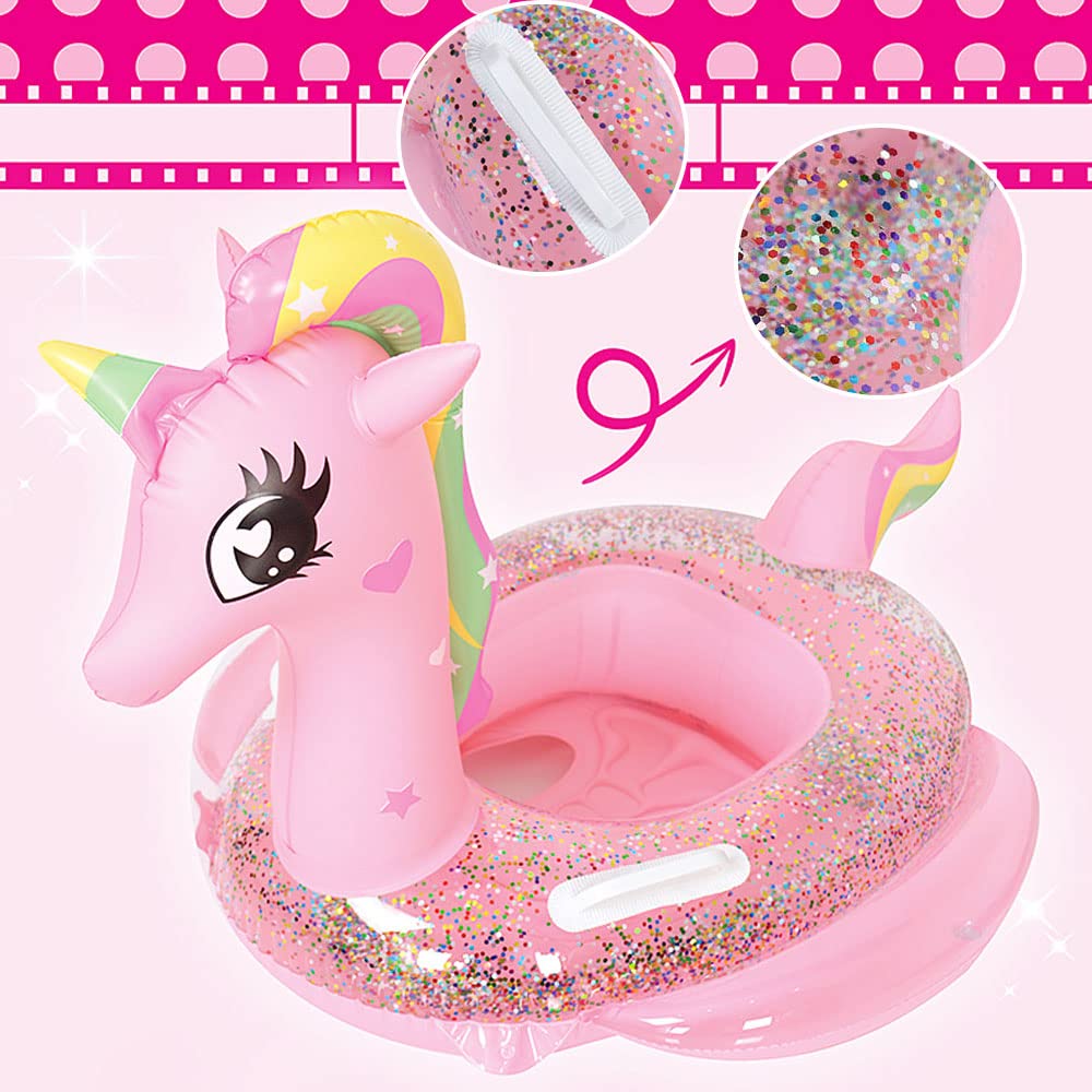 New Baby Swimming Pool Floats For Toddler Kids 0-8 Years Under 44Lb, Inflatable Swim Ring Water Raft With Seat And Handle For Summer Beach Outdoor Children Infant Bath Toys (Pink Unicorn)