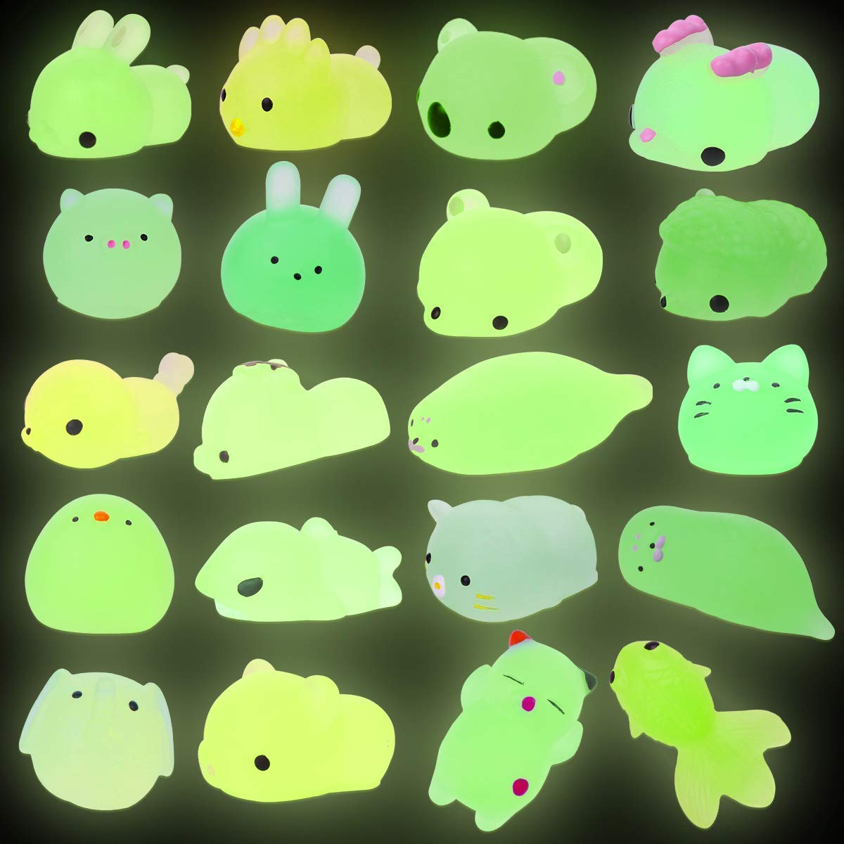 Leehur Mochi Glitter Squishies 20Pcs Glow In The Dark Animals Squishy For Kids Party Favors Squeeze Sensory Toys Kawaii Easter Egg Fillers Basket Stocking Stuffers Goodie Bag Classroom Prizes(Random)