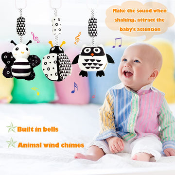 KAKIBLIN Black and White Baby Hanging Toys, Soft Plush Stroller Rattles, 3 Pack for 3-12 Months (Ladybug, Bee & Owl) - 21CM