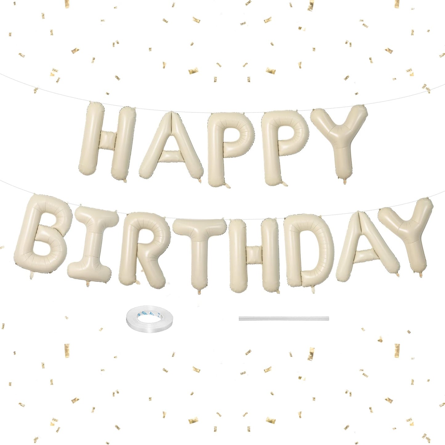 Happy Birthday Balloons Banner Beige,16 Inch Cream White Mylar Foil Letters Birthday Sign Banner Bunting For Boys Girls Men Wome