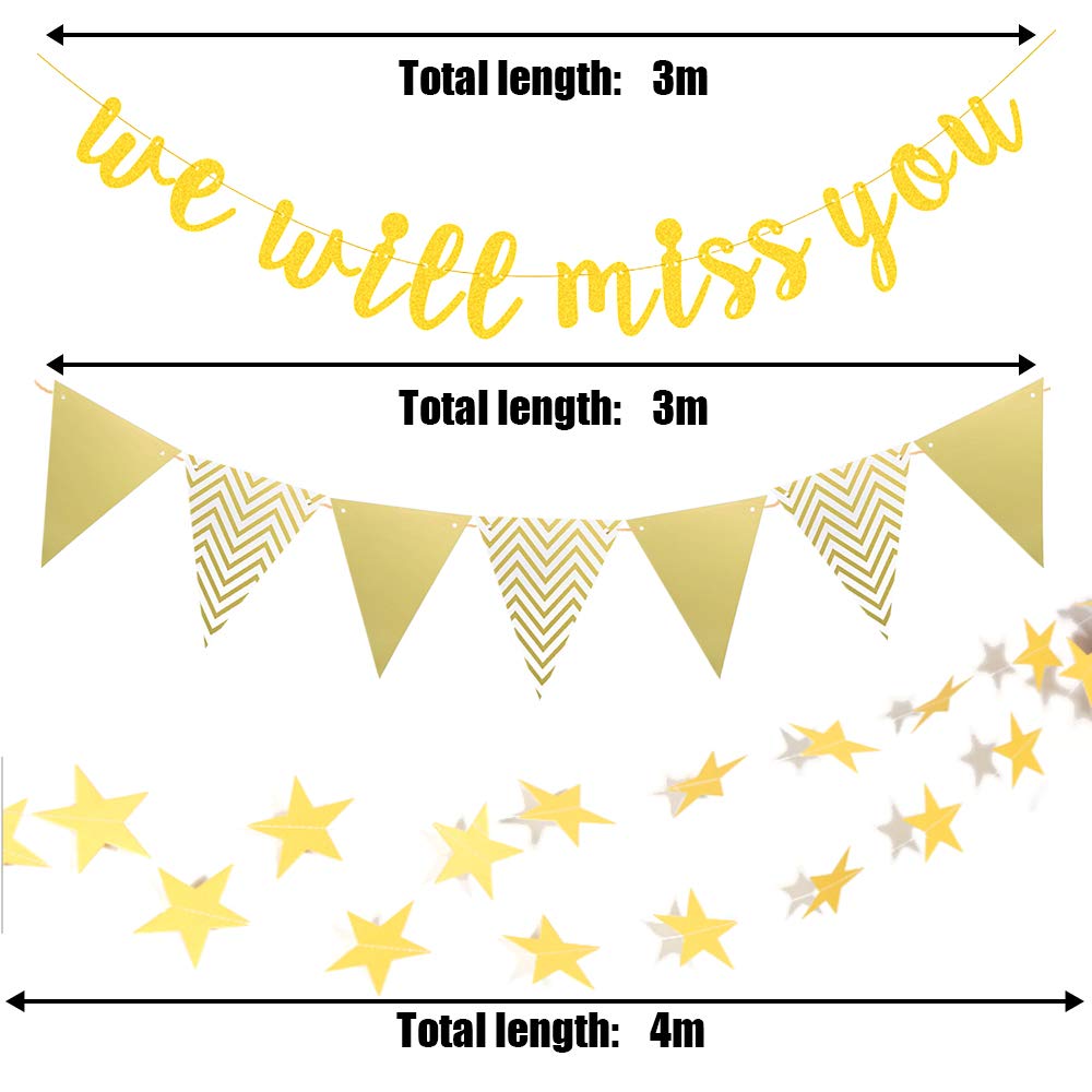 Gold Glitter Graduation Banner We Will Miss You and Triangle Flag Banner Star Swirl Banner for Farewell Party Decorations Suppli