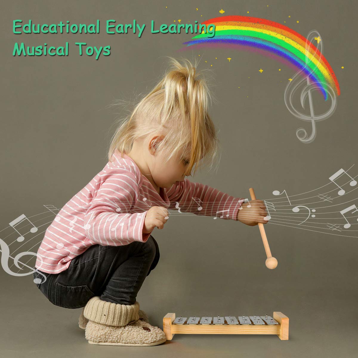 LOOIKOOS Wooden Toddler Musical Instruments Set, Eco-Friendly, 9" Percussion Toys for Kids, Natural Wood Color, Includes Storage Bag