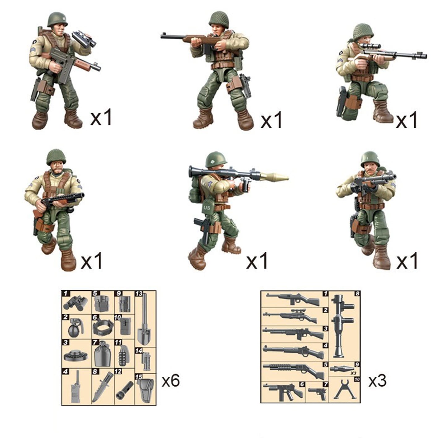 MEIEST 6 PCS Mini WWII Soldier Military Action Figures  Army Model Building Block Toys with Multiple Military  Accessories Party Favors Set for Kids (US Army)