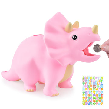 Pjdrllc Dinosaur Toys For Kids - Dinosaur Piggy Bank For Girls, Unbreakable Plastic Money Coin Bank, Great Gifts For Birthday, Easter, Christmas (Pink)
