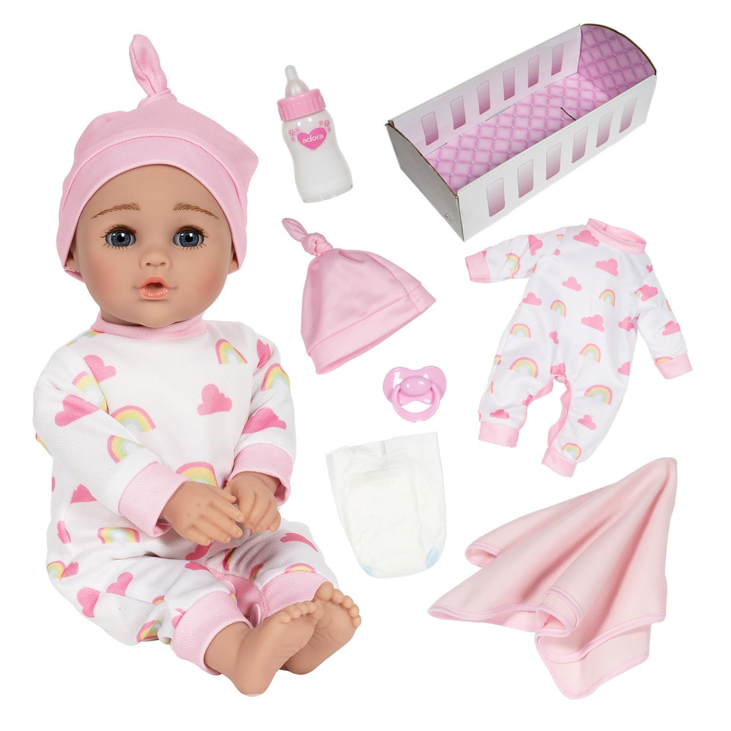 Adora Rainbow Hugs Doll Set! Realistic 13' Baby Doll And Nurturing Set With 7-Pc Doll Accessories Includes Crib Box, Rainbow-Print Onesie, Beanie, Pacifier, Diaper, Magic Milk Bottle And Blanket