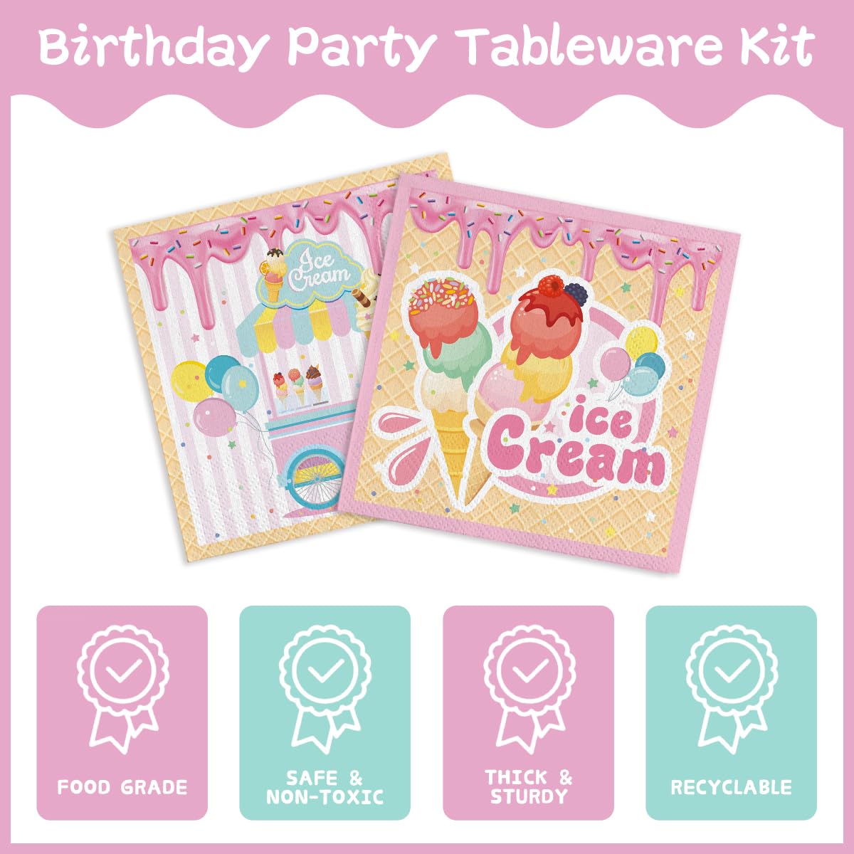 Ice Cream Party Supplies Summer Birthday Disposable Tableware Set Pink Plates Napkins Cups Birthday Party Dinnerware For 24 Gues