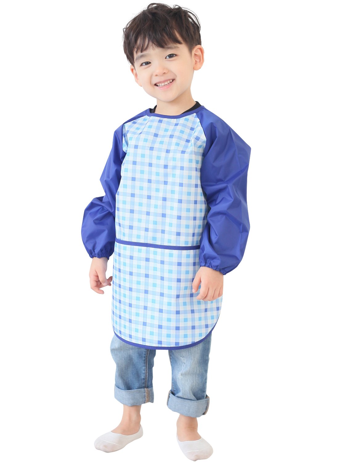 Plie Waterproof Kids Art Smocks 37 Colors (Age 1-10, S-XXL size), Blue Check (16-S)
