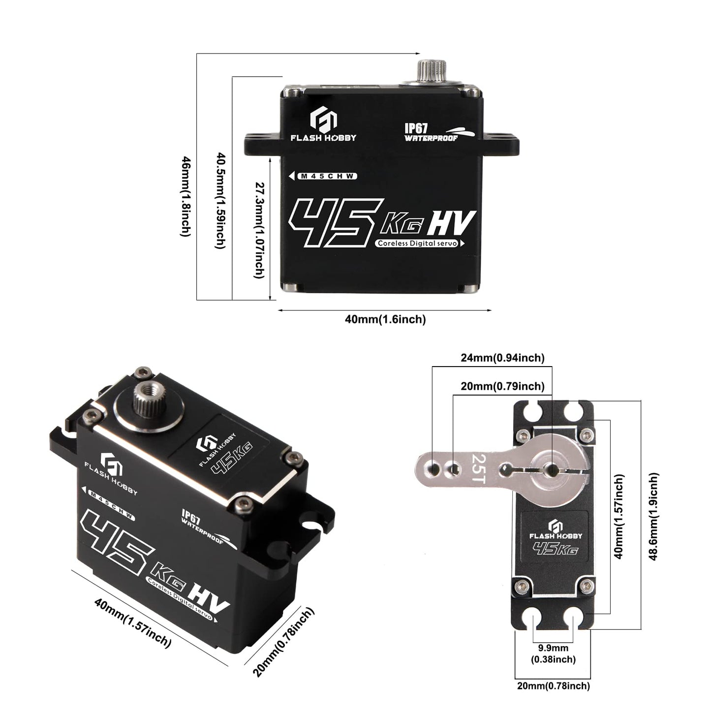 FLASH HOBBY 45KG Coreless Servo 8.4V High Torque Full Metal Gear Servo, IP67 Waterproof Steering RC Servo with Control Angle 360